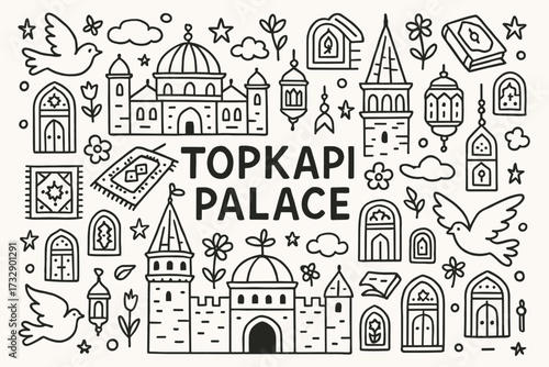 Travel and turkey outline icon set. istanbul, topkapi palace cultural icons collection