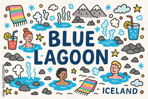 “iceland spa retreat flat icon set. relaxation, hot springs, wellness icons collection”
