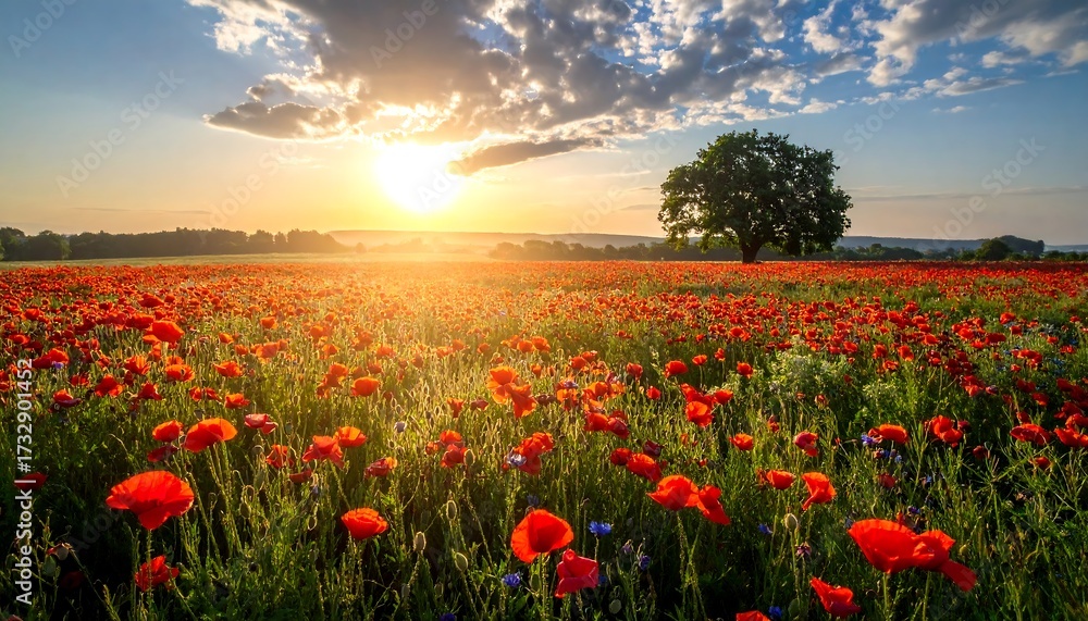 Fototapeta premium Sunrise over a vibrant poppy field