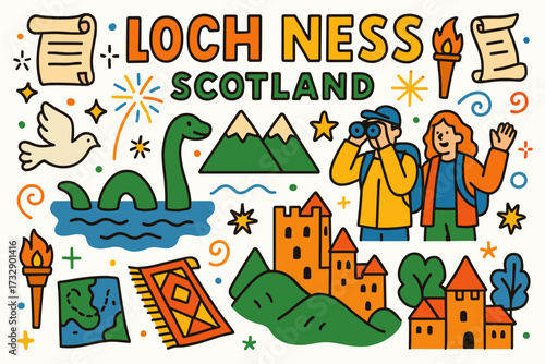 Loch ness and scotland flat icon set. travel, nature, landmarks flat illustrations.