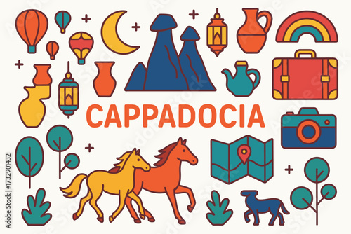 Cappadocia travel icon set in vibrant flat style for your next adventure project