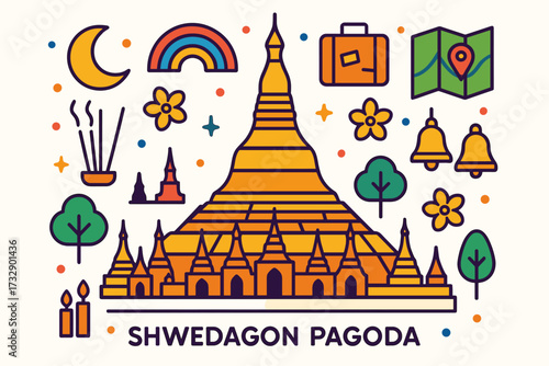 Myanmar travel outline icon set. landmarks, culture, tourism icons collection