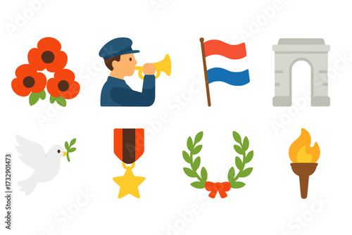 Veterans day celebration icon set. honor, remembrance day, peace flat icons collection