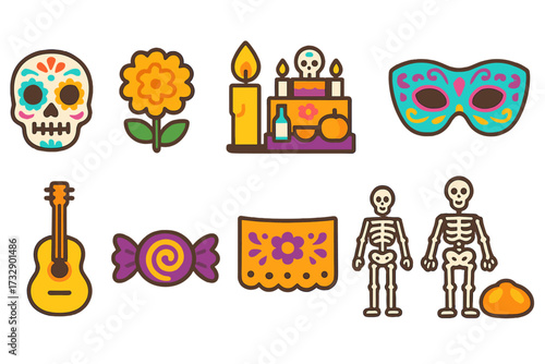 Day of the dead flat icon set: celebration, skull, flower, candle, vibrant collection