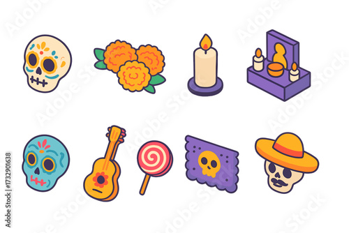 Day of the dead icon set. vibrant linear icons featuring skulls and flowers