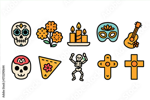 Day of the dead flat icon set. mexican culture celebration icons flat collection