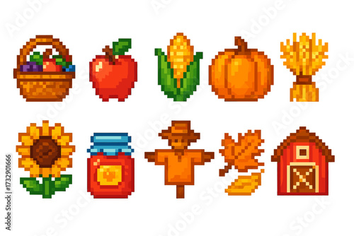 Autumn harvest pixel art icon set. pumpkins, corn, barn, sunflower in 3d style