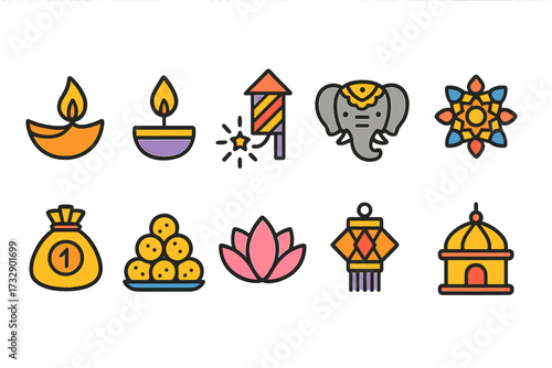 Diwali festival outline icon set. indian holiday symbols, celebration elements