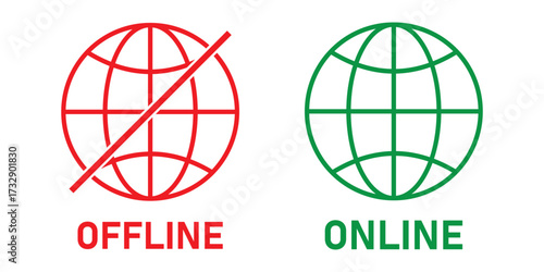 Set of online and offline internet icon red and green color. Globe icon with no signal and good signal sign symbol. Internet connection. Flat design. Vector illustration.