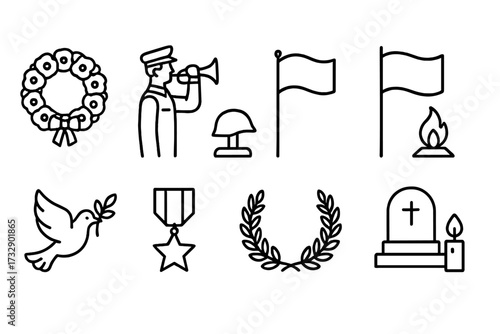 Veterans day outline icon set featuring memorials, flags, and ceremonial symbols