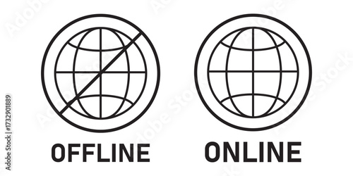 Set of online and offline internet connection icons black color. Globe icon with no signal and good signal sign symbol. Internet connection online and offline sign. Vector illustration.