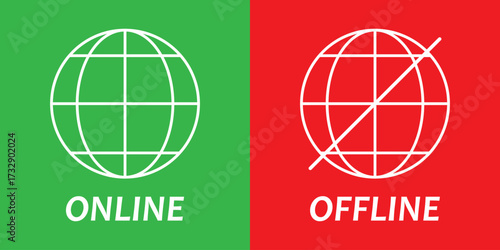 Set of online and offline internet icon red and green color. Globe icon with no signal and good signal sign symbol. Internet connection. Flat design. Vector illustration. 