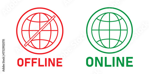Set of online and offline internet icon red and green color. Globe icon with no signal and good signal sign symbol. Internet connection. Flat design. Vector illustration. 