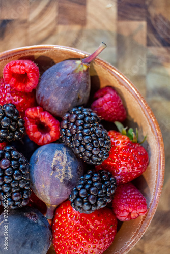 Close up of fresh berries and figs in bowl
