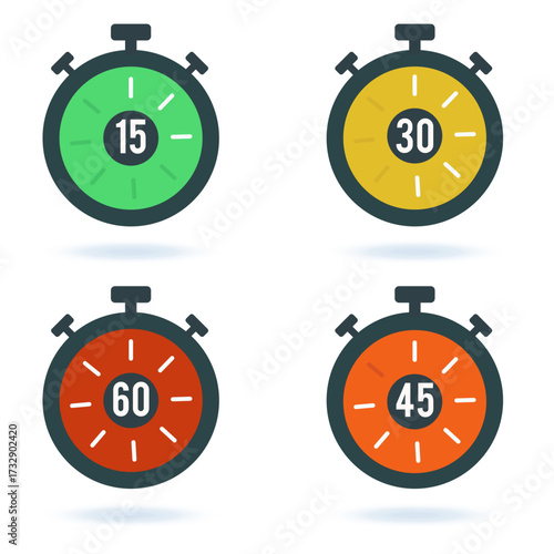Illustration of four timers in different colors: 15 minutes (green), 30 minutes (yellow), 45 minutes (orange), and 60 minutes (red) on a white background.
