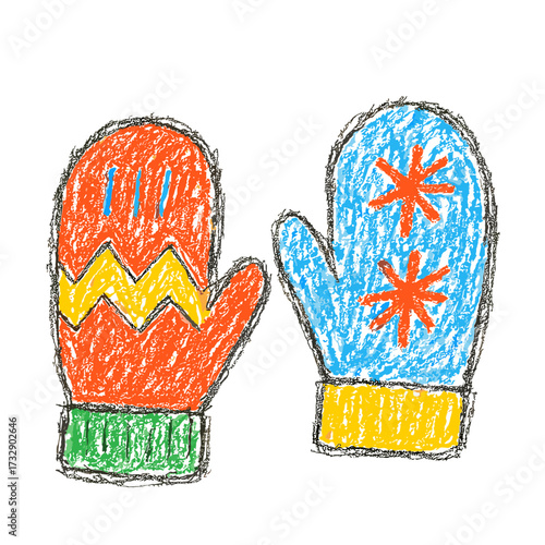Colorful childish drawing of red and blue winter mittens made with crayons or pencils - Concept of Christmas - holiday - winter - clothing - warmth