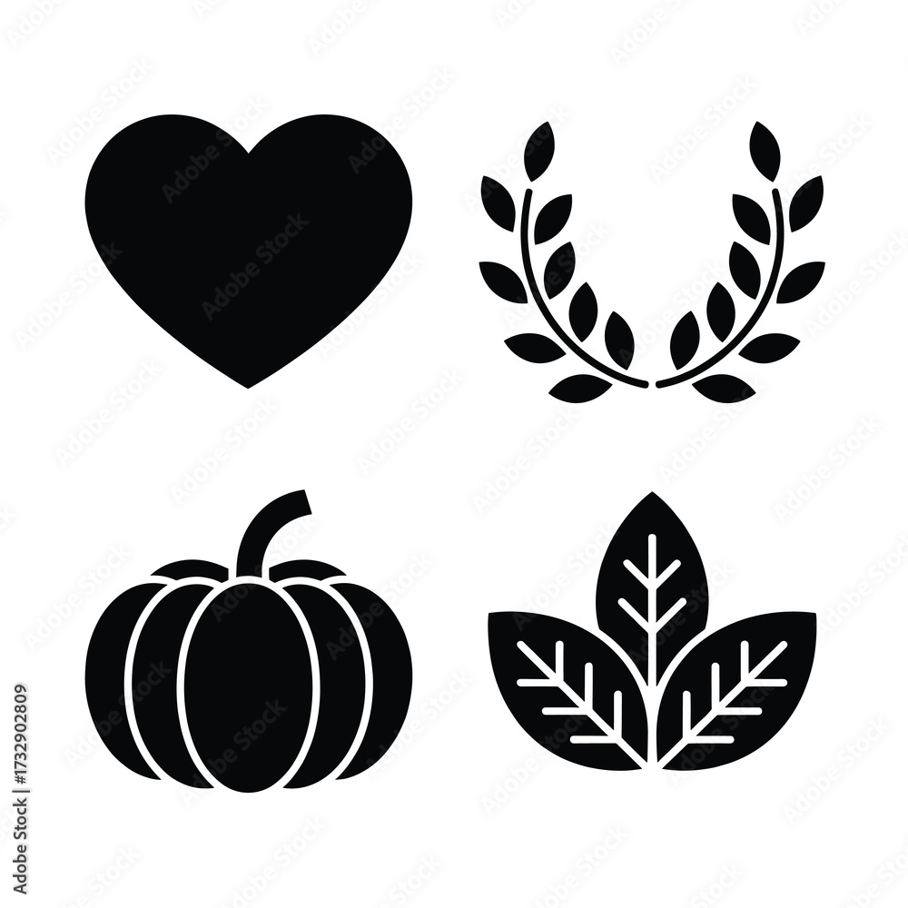 Obraz premium Autumn Silhouette Icons with Pumpkin, Heart, Leaf and Laurel Branches