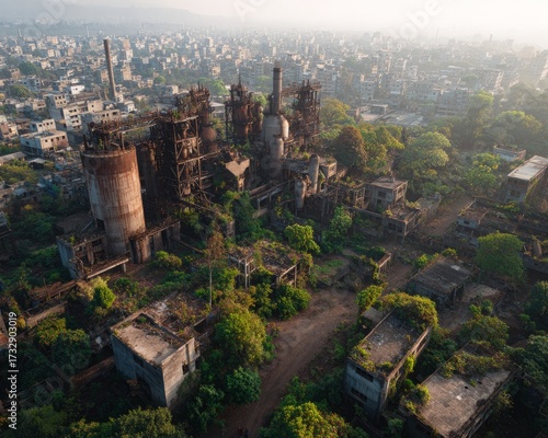Abandoned chemical plant in Bhopal with environmental decay imagery