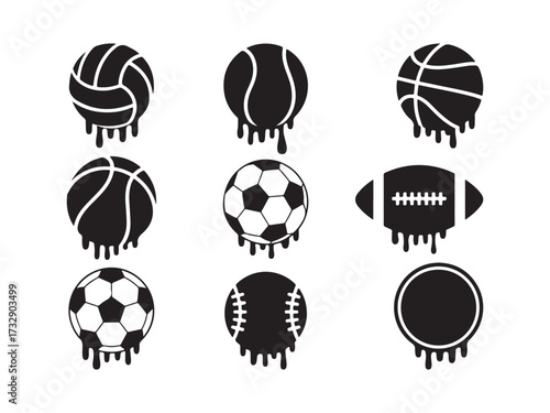 Collection of sports balls dripping paint silhouette vector isolated on white background.