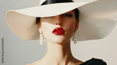 Wallpaper Mural Elegant woman wearing a wide-brimmed hat, red lipstick, and pearl earrings. Sophisticated and classy fashion statement. timeless beauty, luxury style Torontodigital.ca