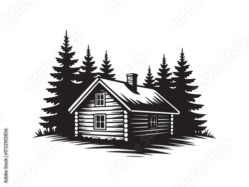 Rustic log cabin in a pine forest silhouette vector isolated on white background.