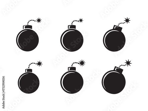 Six round black bomb icons with burning fuses representing danger and explosions isolated on white background