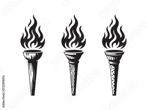 Three antique torches with flames silhouette vector isolated on white background.