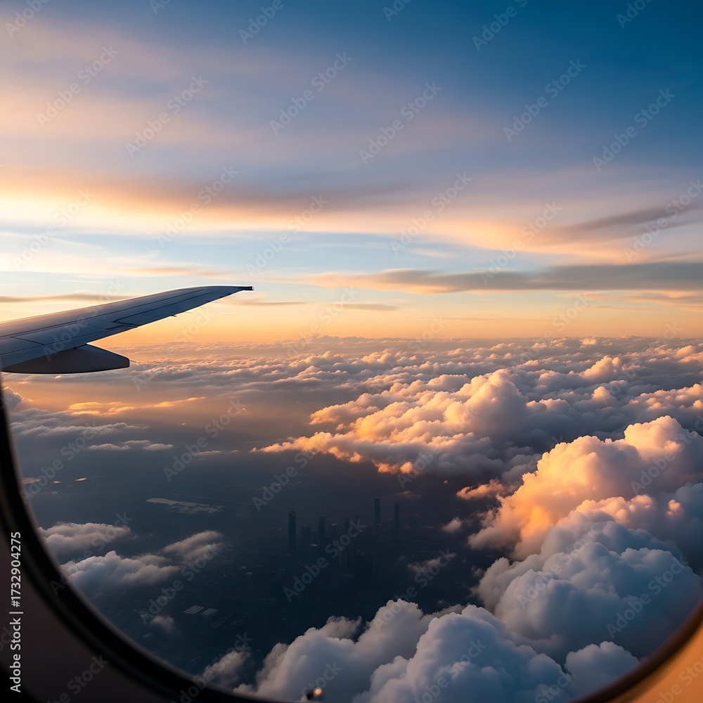 Obraz premium High Altitude Aerial View of Clouds at Sunset.