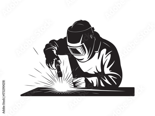 Welder silhouette working with sparks vector isolated on white background