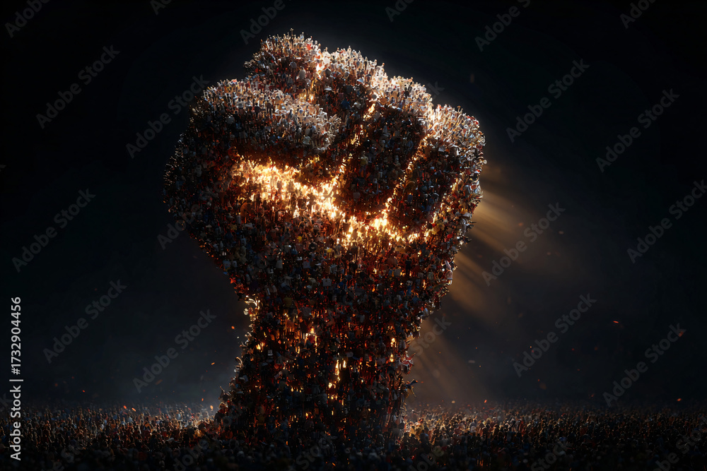custom made wallpaper toronto digitalA colossal hand composed of countless human figures clenches into a powerful fist against a stark background in this striking conceptual artwork