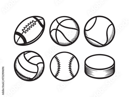 Collection of hand drawn type of sports balls silhouette vector isolated on white background.