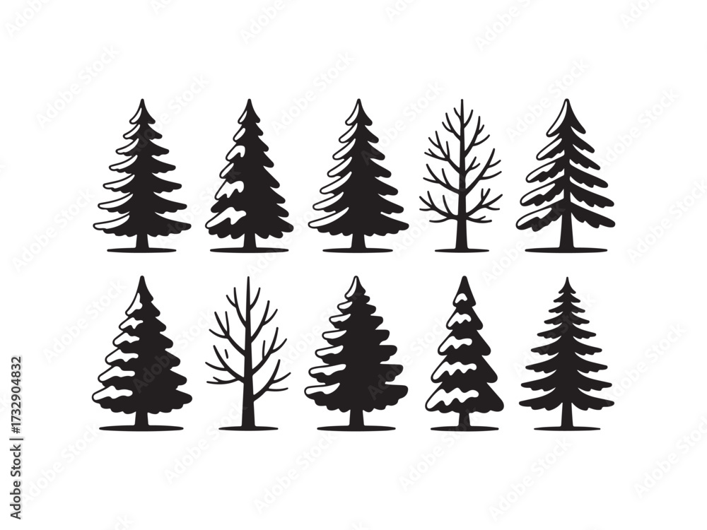 Obraz premium Collection of pine trees and bare branches silhouette vector isolated on white background