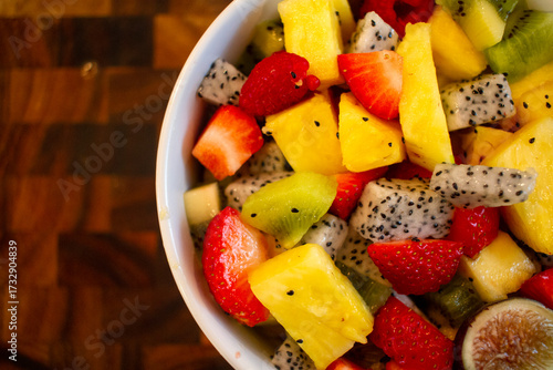 Close up of fresh tropical fruit salad in bowl
