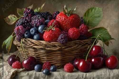 Basket of assorted fresh berries and cherries