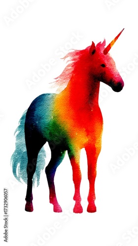 Colorful unicorn standing gracefully against a white background with a vibrant, watercolor effect showcasing rainbow hues - High Contrast