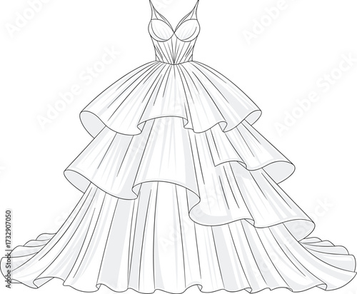 Elegant Ball Gown Vector with Layered Skirt, Thin Straps, Bridal Fashion Illustration for Wedding, Formal Wear, and Dress Design Themes