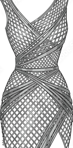 Geometric lattice fashion dress with crisscross pattern, sleeveless V-neck design, modern couture style, textured layers, artistic vector illustration