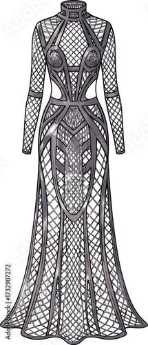 Futuristic mesh fashion dress with geometric cutouts, high neckline, long sleeves, modern silhouette, runway style, avant-garde couture vector