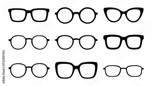 Diverse eyeglass styles silhouette: retro, round, cat eye, and square designs