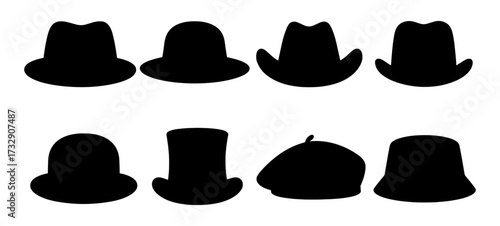 Collection of classic hat silhouettes: fedora, bowler, cowboy, beret, top hat