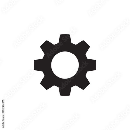 Vector art of a minimalist black and white icon of a gear or cogwheel, the gear symbolizes settings, configuration, and mechanism, often used to represent technical adjustments and system preferences