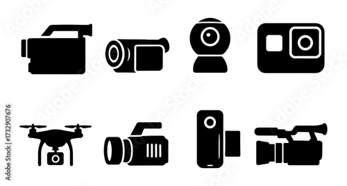 Black silhouette icons of cameras and drones for modern video equipment concepts