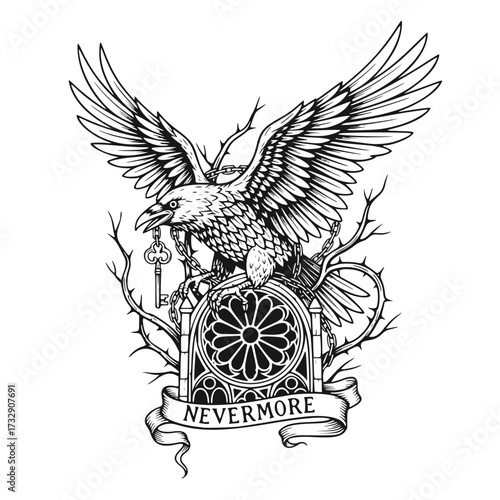 Raven tattoo vector, black and white design, for tattoo or t-shirt print design