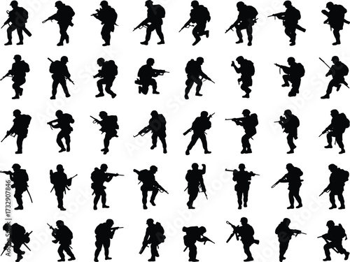Soldier Silhouette Icon Set Featuring Military and Army Poses