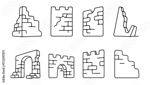 Medieval castle ruins: hand-drawn wall elements with cracked stone details