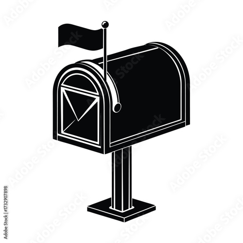 Black mailbox with flag up on white postal delivery