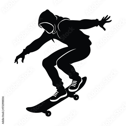 Black silhouette of skateboarder in motion white