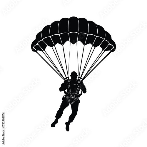 Black silhouette parachutist descending white parachute