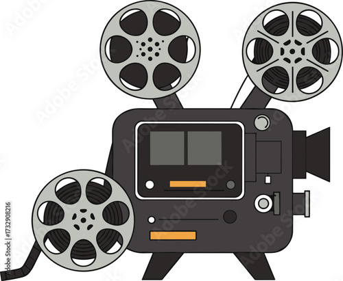 Vintage film projector with three reels, classic cinema equipment, retro movie technology, black body design, vector illustration for entertainment use