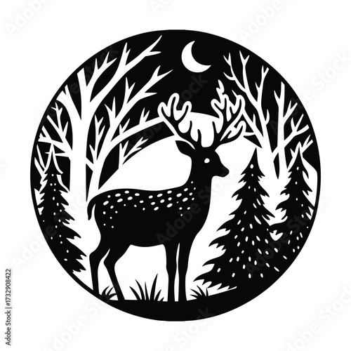 Stag forest clearing crescent moon deer trees